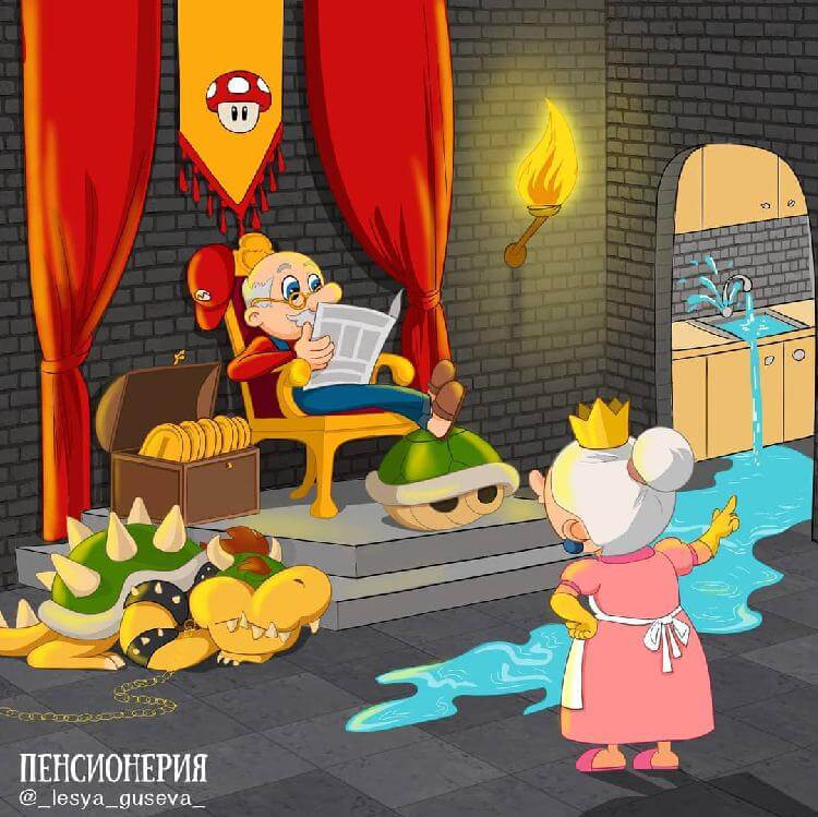 Художница из России продолжает отправлять культовых персонажей на пенсию. И возраст им не помеха!